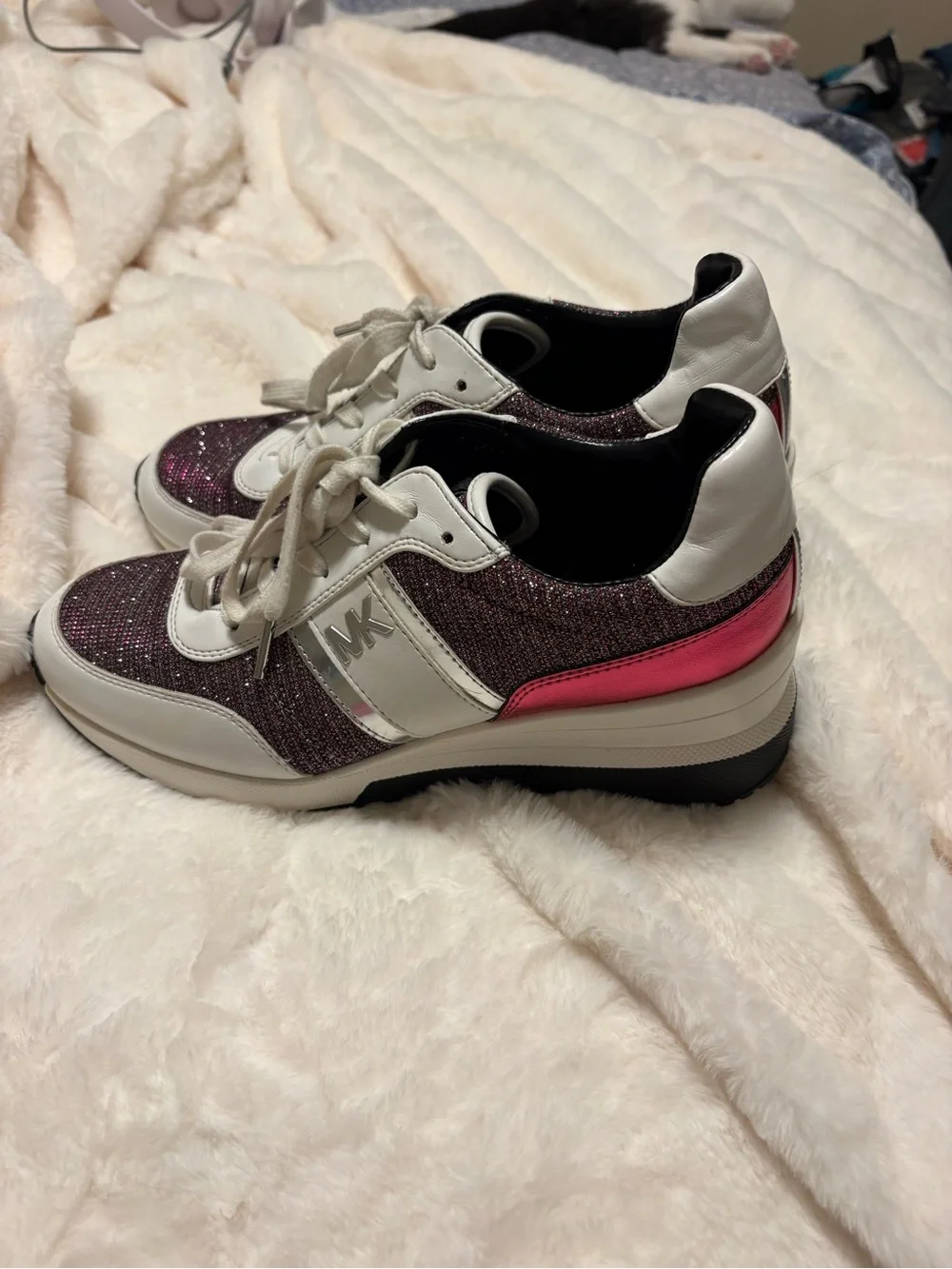 Michael Kors White and Plum Glitter Lace-Up Sneakers